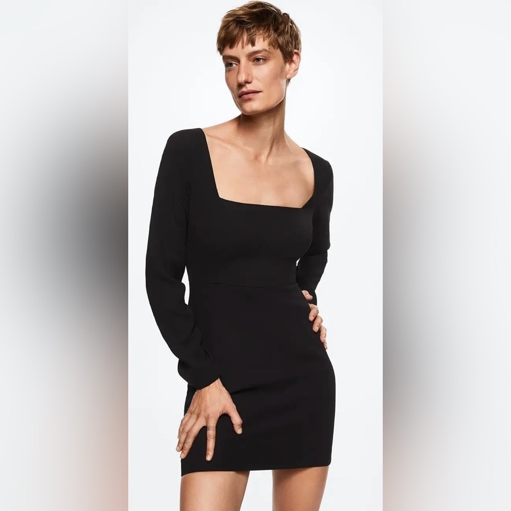 New MNG black fitted tailored dress long sleeves square neckline women's XS/S